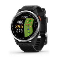 Смарт-годинник Garmin Approach S44 зі сріблястим алюмінієвим безелем і чорним силіконовим ремінцем