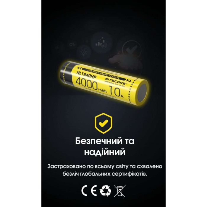 Акумулятор літієвий Li-Ion 18650 Nitecore NL1840HP 3.6V (10A, 4000mAh), захищений